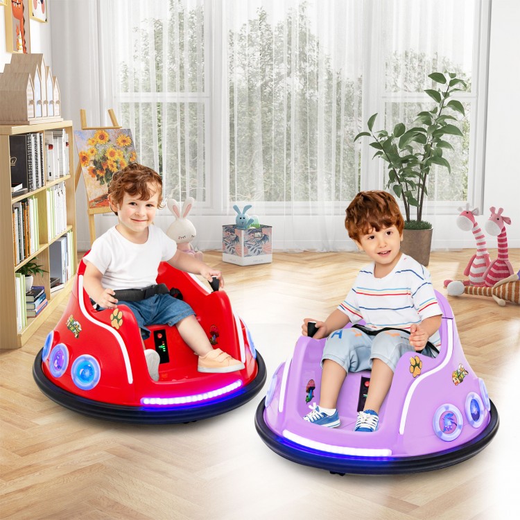 Two kids enjoying the 12V electric ride-on car in red and purple, featuring LED lights and remote control for safe play.